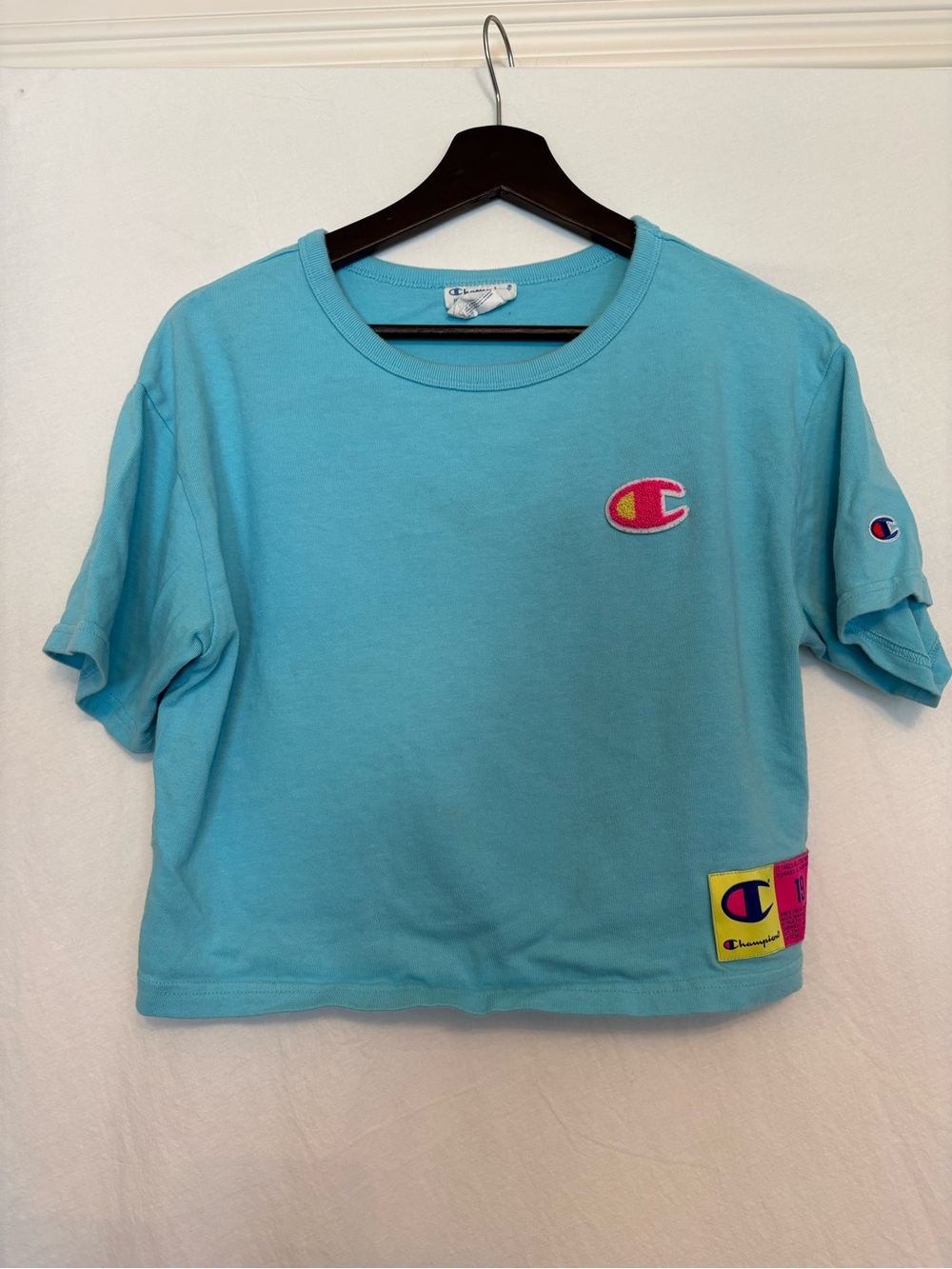Champion Kids Light Aqua Short Sleeve Crop Tee with Logo Patches